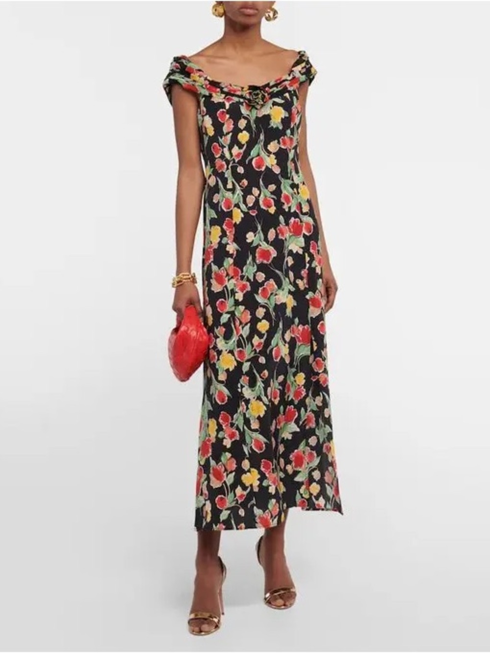 RIXO Freya Silk Floral Midi Dress Black Tulip Print Rosette Off-Shoulder XS-US 4